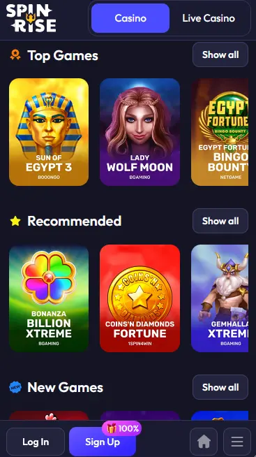 Spinrise mobile browser casino interface with Top Games on a Canadian player's phone