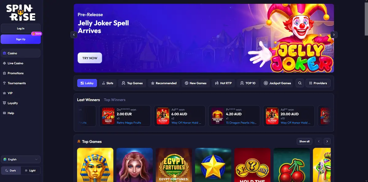 Spinrise Casino lobby homepage for Canadian players with Top Games and live casino tabs