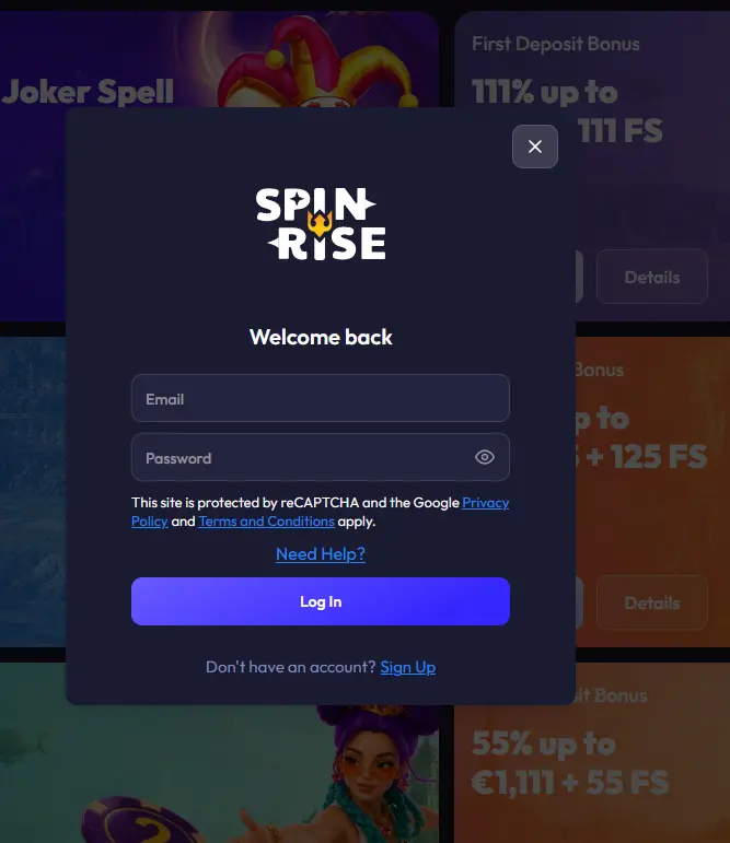 Spinrise Casino login window with email and password fields