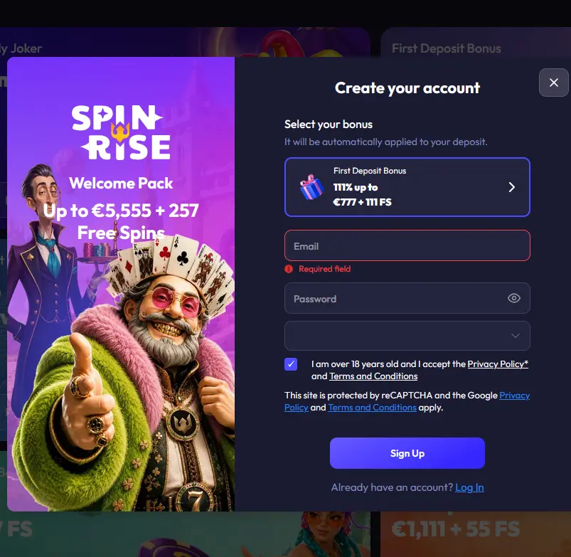 Spinrise account registration form with welcome bonus selection for Canadian players