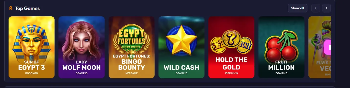 Spinrise slots section showing Pragmatic Play and BGaming titles for Canadian players